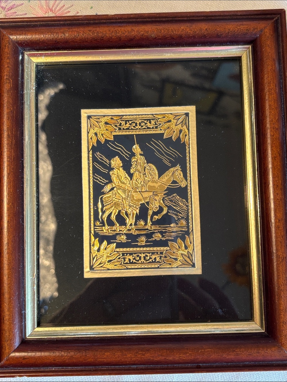 EUC VINTAGE Spanish damascene plaque depicting the iconic literary characters Do